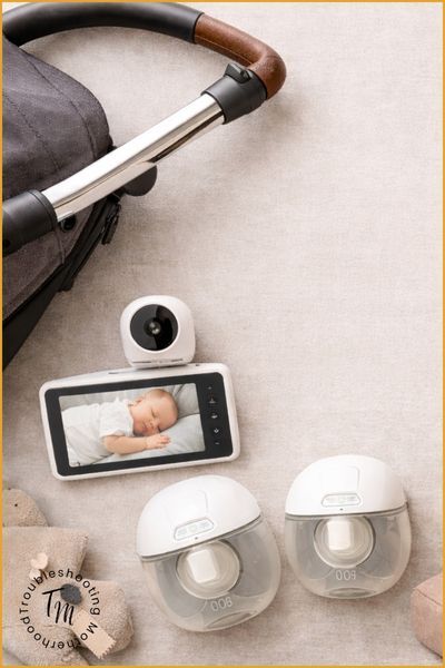 Flat lay of expensive baby products that parents say are worth the money including a baby monitor, wearable breast pumps, stroller, and bassinet.