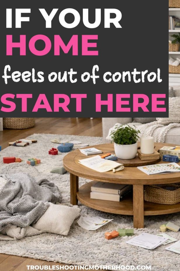 Messy living room with toys, blankets, and clutter showing a realistic messy house before cleaning.