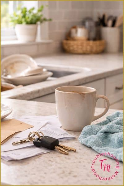 Image of a cluttered kitchen countertop. How to clean when you have no motivation.
