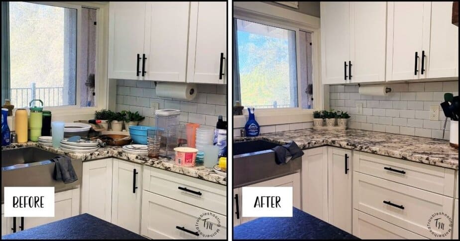 One day home reset. Image of a messy kitchen and a clean kitchen after the reset was done.